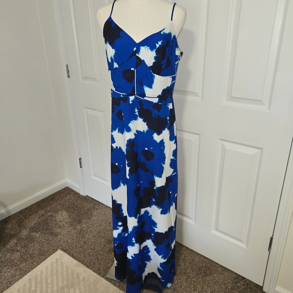 Banana Republic Maxi Dress Women 10 Tall Blue White Floral V-Neck Empire Waist